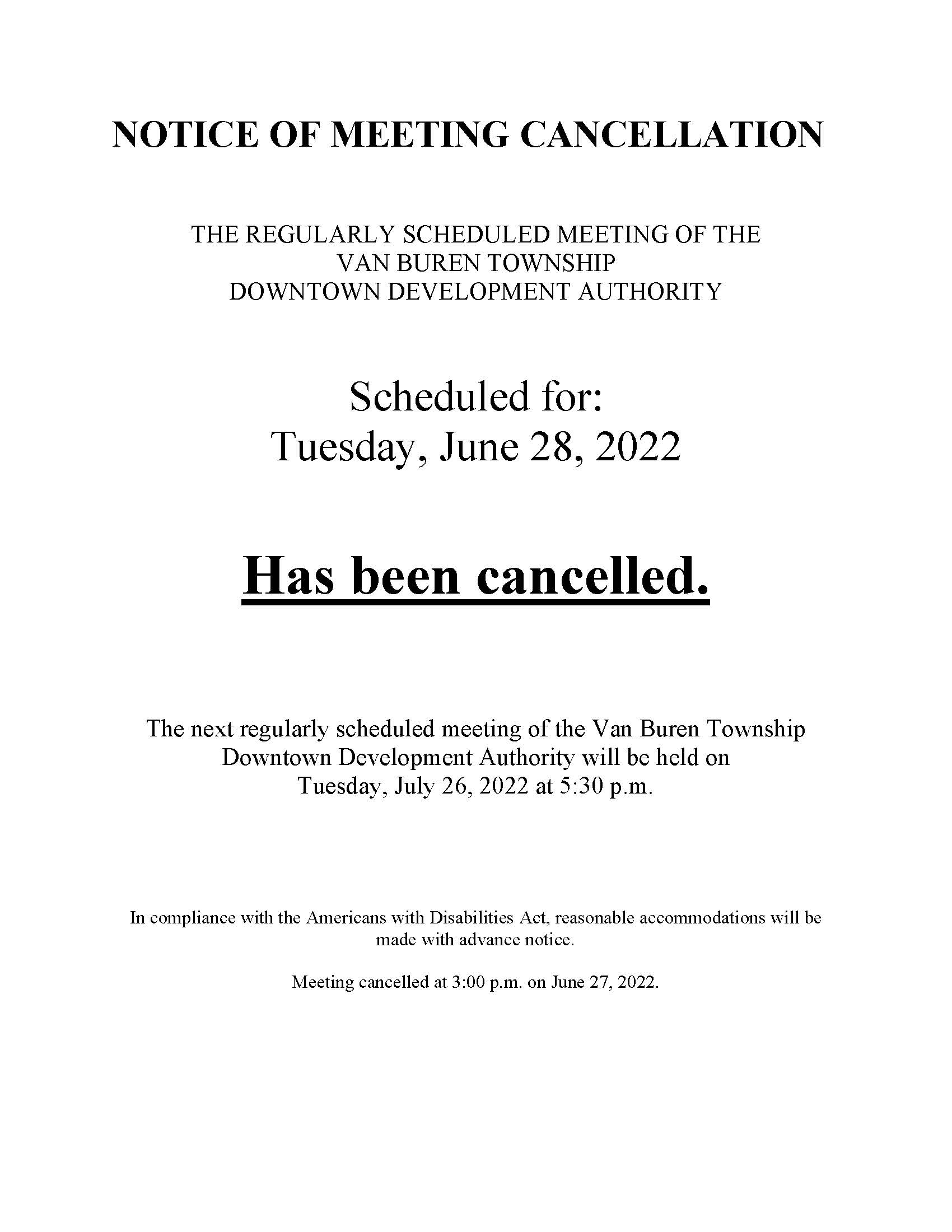 DDA June 28 2022 cancellation notice